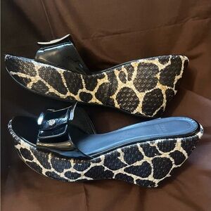 Stuart Weitzman Black Patent Slide Wedges with Giraffe-Print Platform